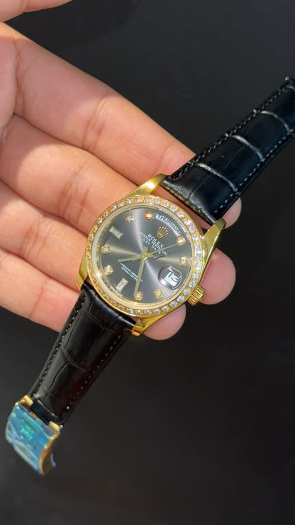 Daydate | 36mm | Gold Diamond Case | Black Leather Strap | Black Diamond Dial - twentyfour
