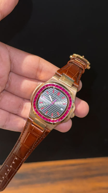 Pp Rose | Auto | Pink Diamond Bezel | Brown Leather Strap | Black Dial | Pink Digits