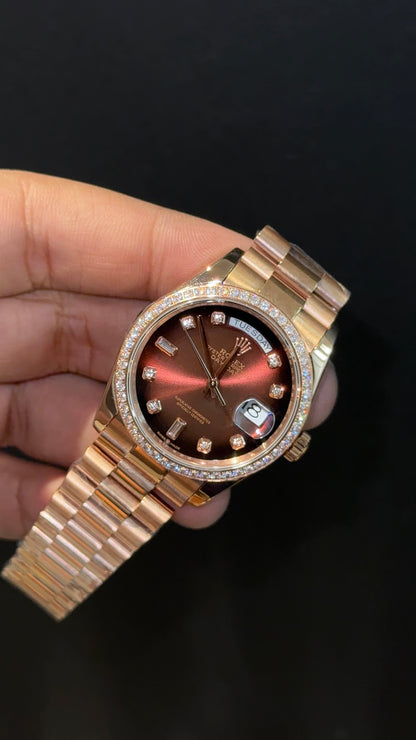 Premium Daydate | Diamond Bezel  | 36mm | Rose Chain | Gradient Brownish Dial