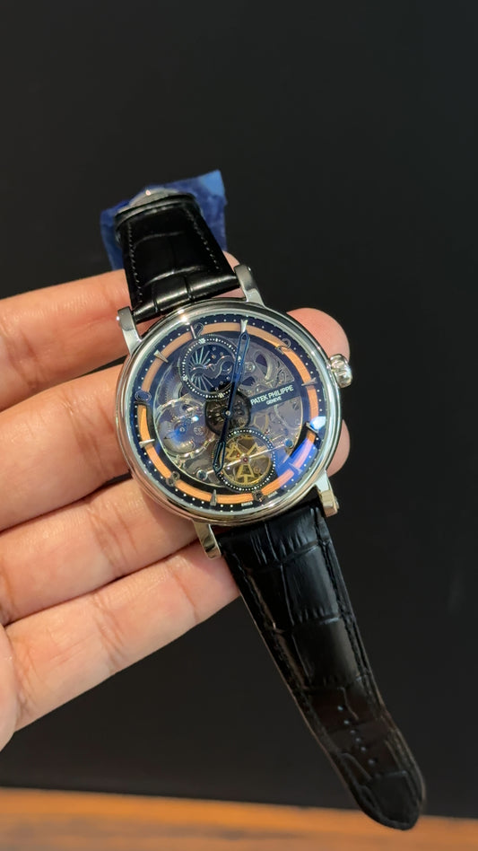 Pp Auto | Grey Skeleton | Black leather strap | Moonphase | Orange Line