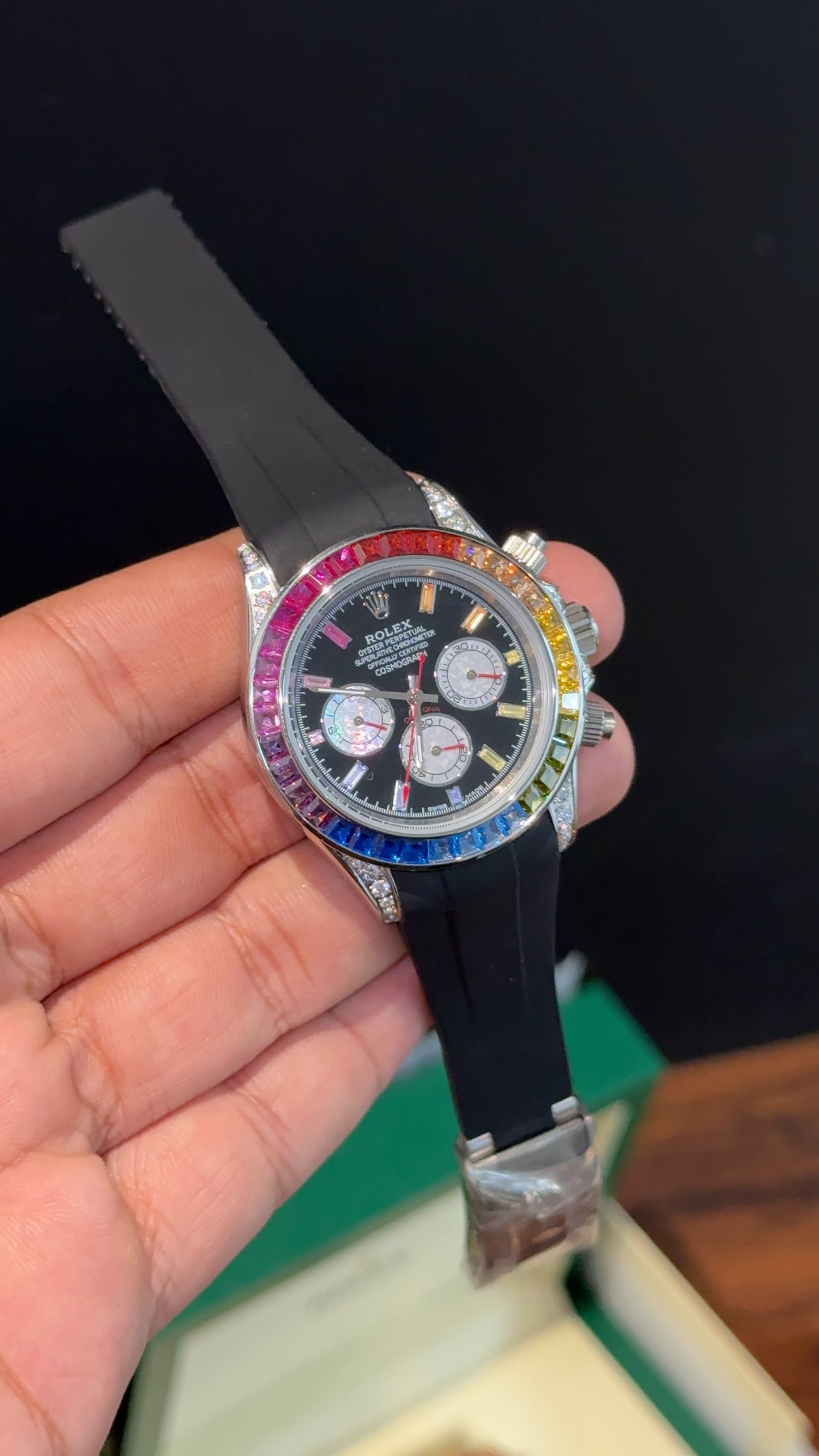 Daytona Silver | Rainbow Diamond Case | Black Pvc Strap | Rainbow Digit | Chrono | Black Dial