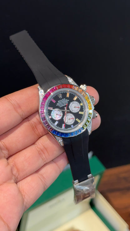 Daytona Silver | Rainbow Diamond Case | Black Pvc Strap | Rainbow Digit | Chrono | Black Dial