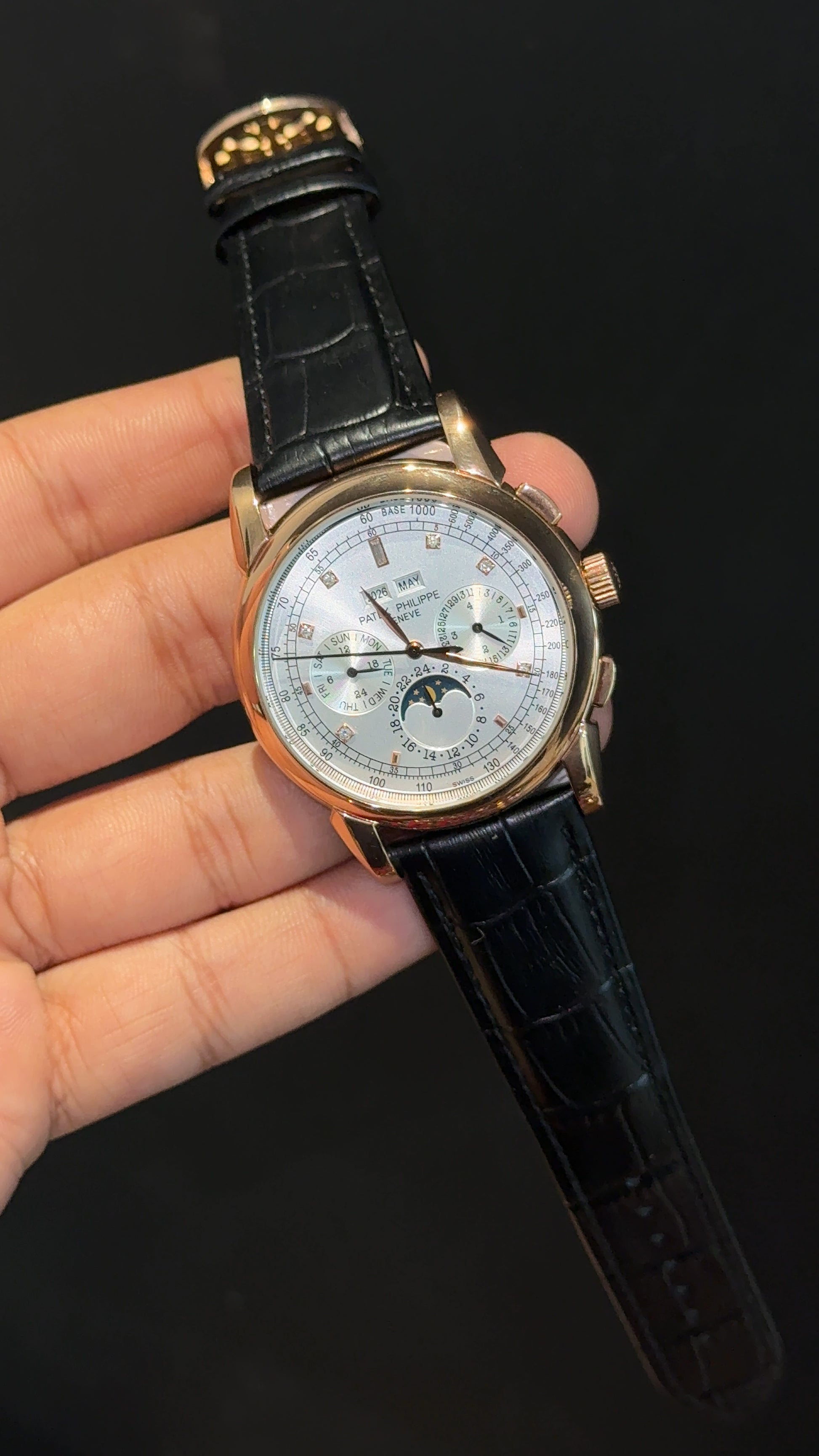 Patek Century | Auto | Rose Case | Moonphase | White Diamond Dial | Black Leather Strap - twentyfour