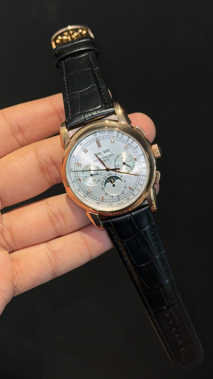 Patek Century | Auto | Rose Case | Moonphase | White Diamond Dial | Black Leather Strap - twentyfour