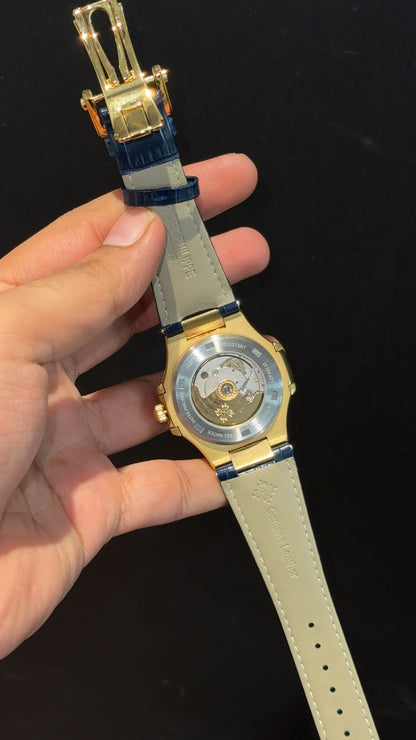 Pp Auto | Moonphase | Chrono | Gold Case | Blue Leather Strap | Blue Dial