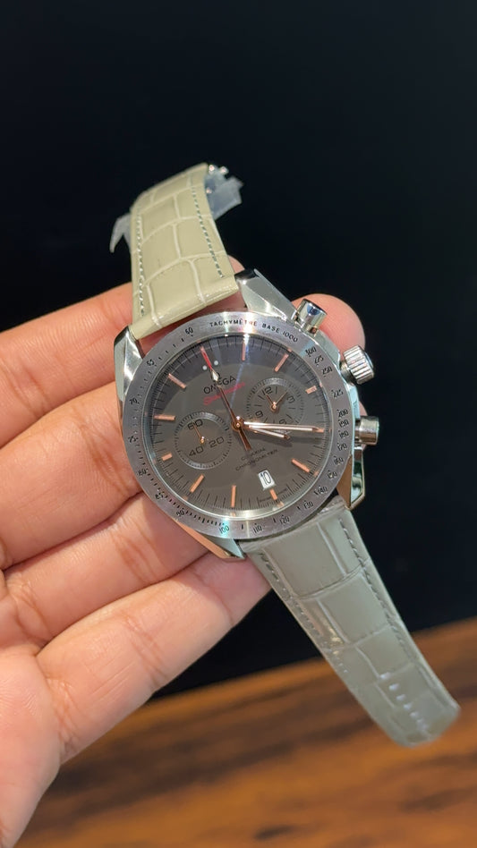 Omega Speedmaster | Cream Strap | Silver Case | Chrono | Rose Digits | Light Grey Dial