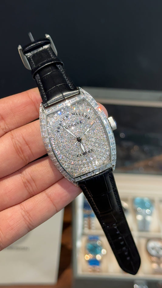 Premium Franck Muller | Mother Of Pearl | Black Leather Strap | Silver Pearl Dial
