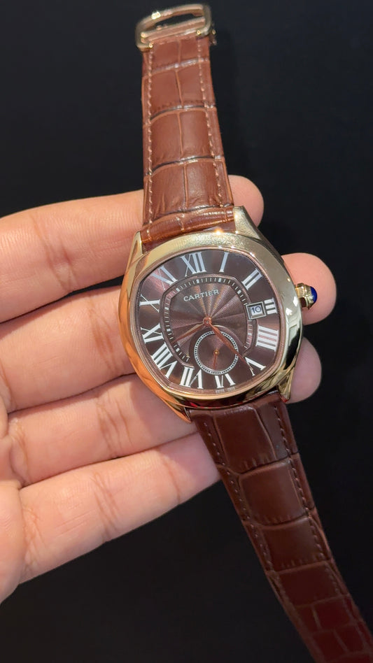 Cartier | Rose Case | Pendulum |Brown Leather Strap | Brownish Dial