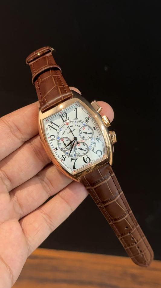 Franck muller Rose  | Brown Leather Strap | Black Red Chrono  | White  Dial