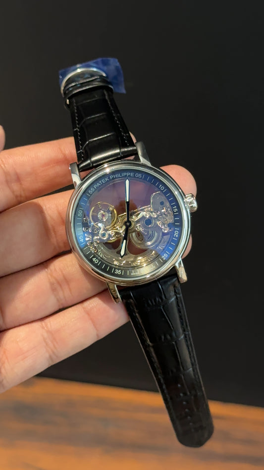 Pp Auto | Gold Skeleton | Black leather strap | Transparent Gold Dial