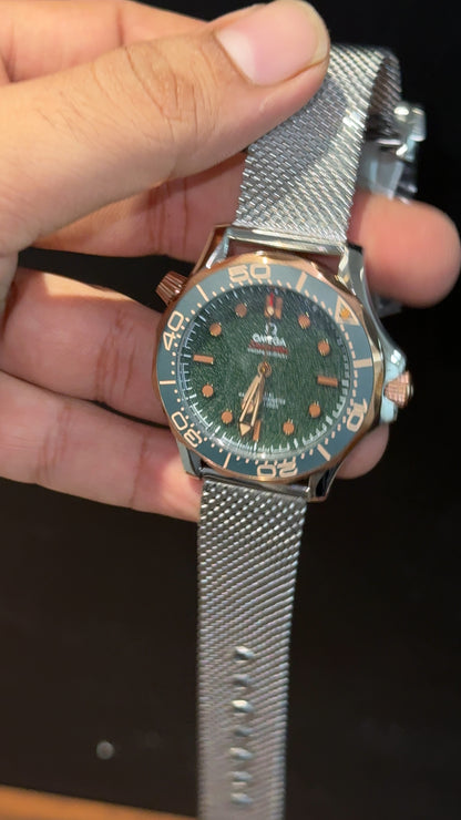 Omega Seamaster Diver | Silver Milanese Chain | Rose Green Dial