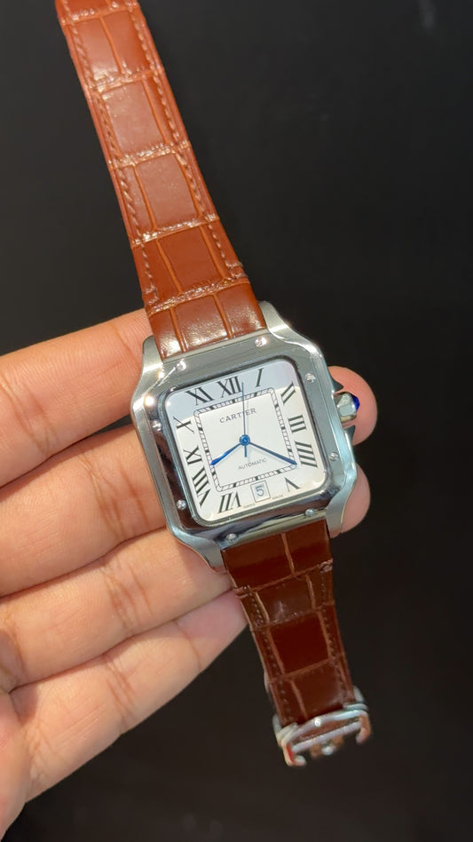 Cartier Santos | Silver Case | Brown Strap | White Dial - twentyfour