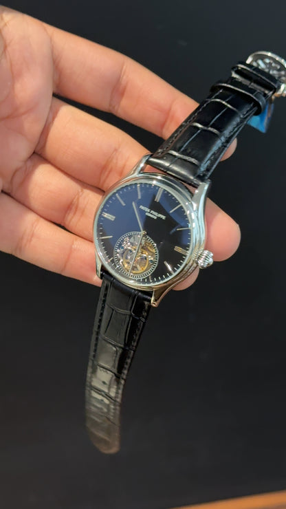 Patek Auto | Silver | Black Leather Strap | Pendulum | Black Dial