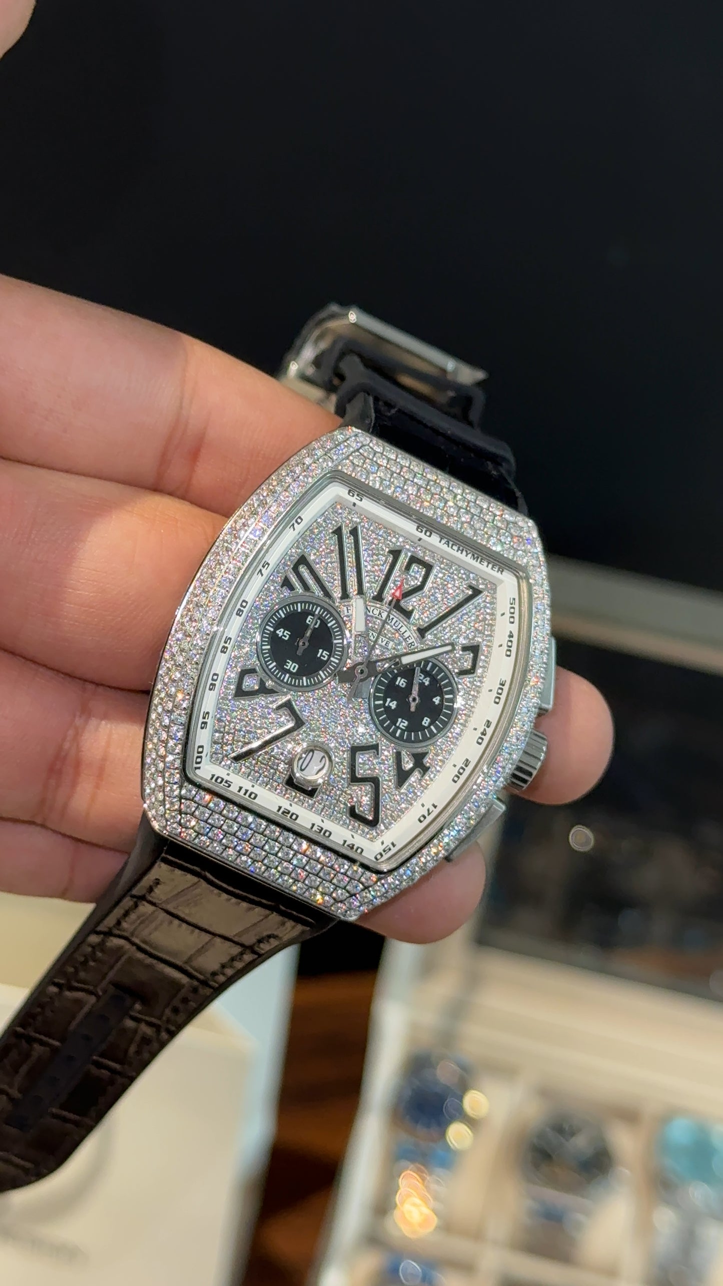 Premium Franck Muller | Vanguard  Chronograph Edition | Silver Diamond Case | Black Leather Strap | Silver Pearl Dial