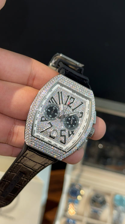 Premium Franck Muller | Vanguard  Chronograph Edition | Silver Diamond Case | Black Leather Strap | Silver Pearl Dial