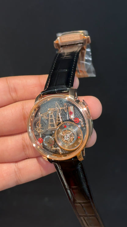 Executive Jacob And Co | Rose Case | Oil Pump Edition | Black Leather Strap | Black Dial