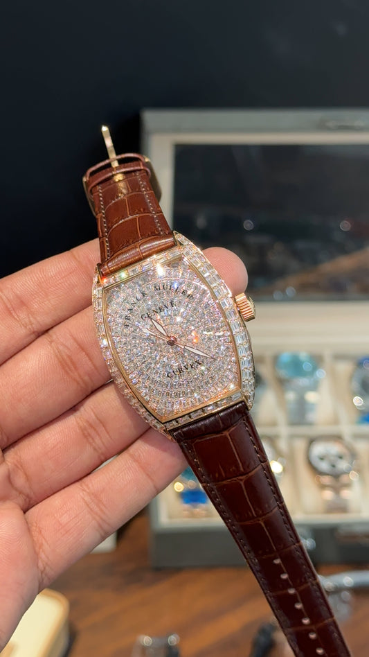 Premium Franck Muller | Mother Of Pearl | Brown Leather Strap | Rose Pearl Dial