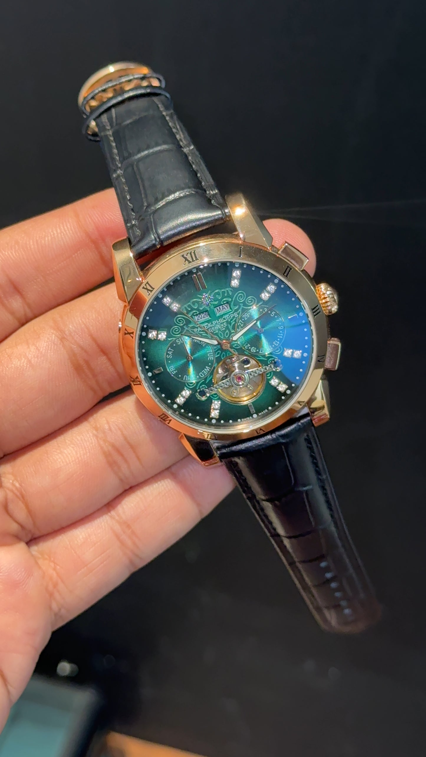 Patek Century | Auto | Pendulum | Rose Plain Case | Greenish Dial | Diamond Digit | Black Leather Strap - twentyfour