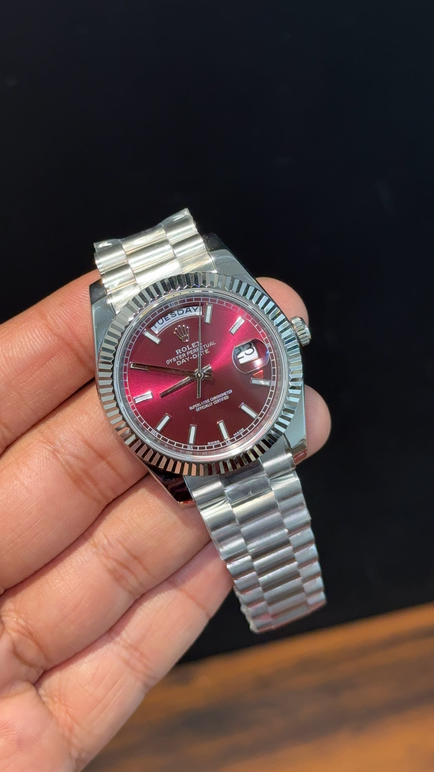 Premium Daydate | Silver Chain | Red Cheery Dial