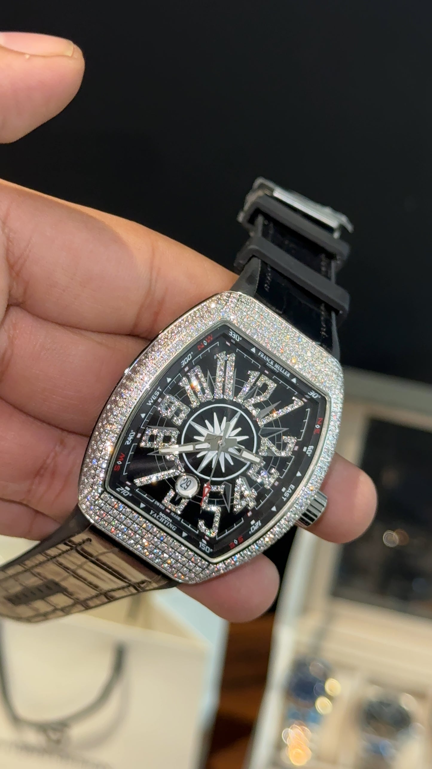 Premium Franck Muller | Vanguard V45 Edition | Yachting Silver Diamond Case | Black Leather Strap | Black Dial