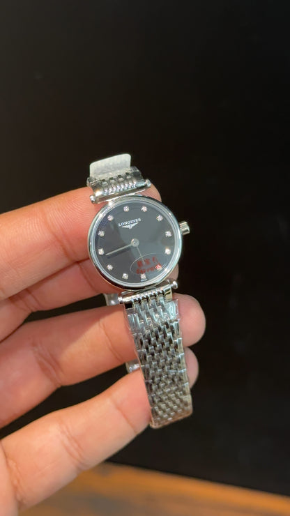 Longines | Woman | Silver Chain | Black Diamond Dial