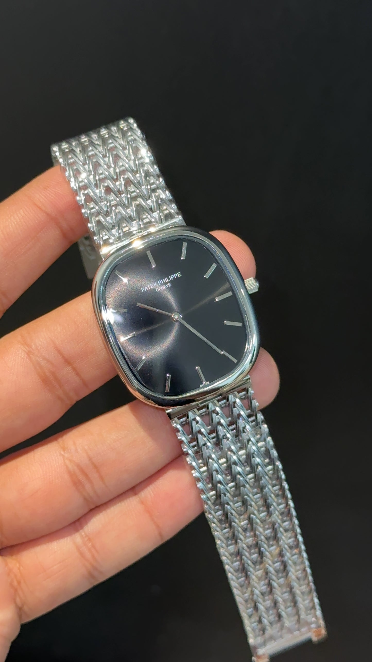 Pp Ellipse | Silver Mesh Chain | Black Ebony Dial