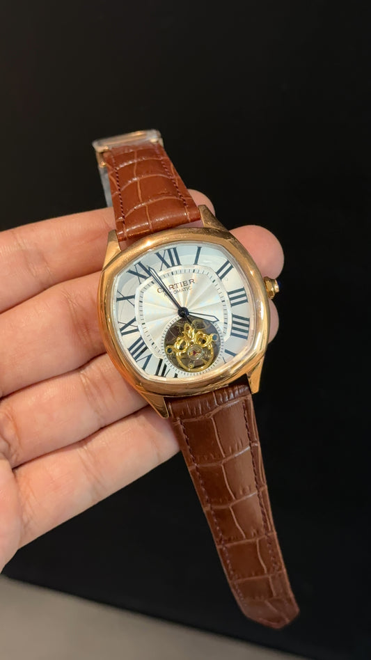 Cartier | Rose Square Bezel | Pendulum | Brown Strap | White Index Dial
