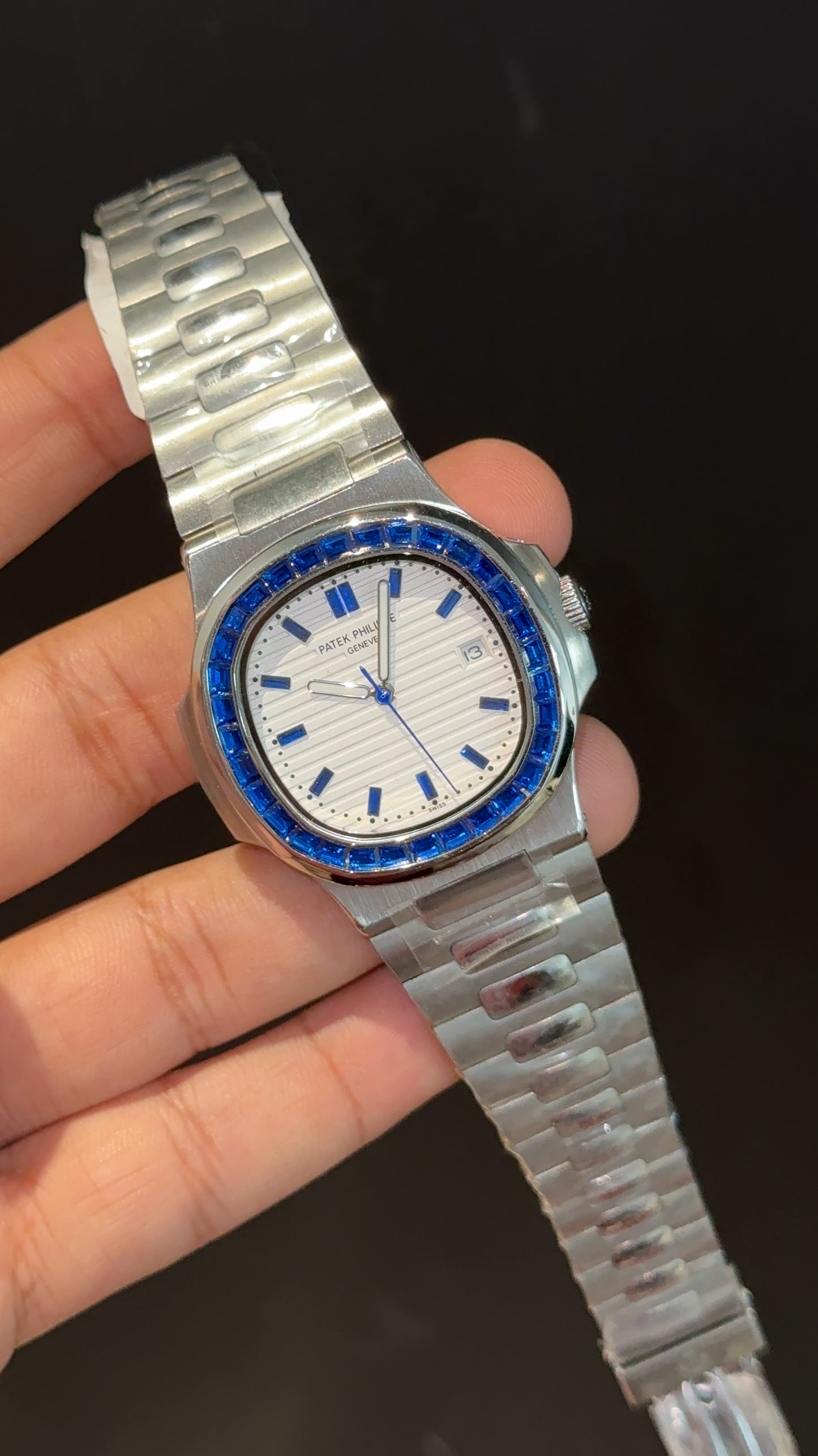 PP Auto | Blue Diamond Bezel | Silver Chain | White Dial