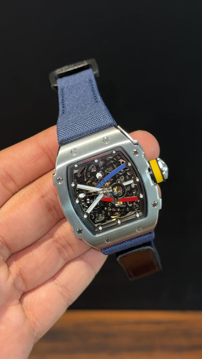Premium Richard Mille | Silver | RM 67-02 Edition | Blue Strap | Skeleton | Black Dial