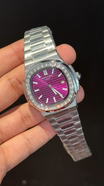 PP Auto | Silver Diamond Bezel | Silver Chain | Pinkish Dial