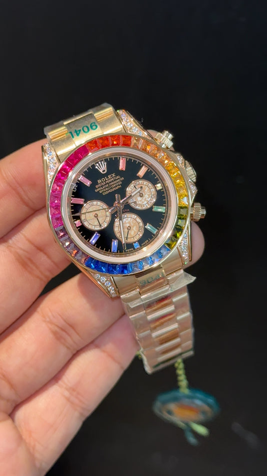 Daytona | Rainbow Diamond Bezel | Rose Chain | Rose Chrono | Black Dial