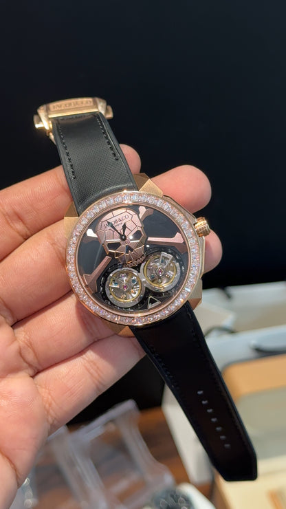 Executive Jacob and Co | Rose Pearl Bezel | Skull Double Tourbillon | Black Strap | Black Dial