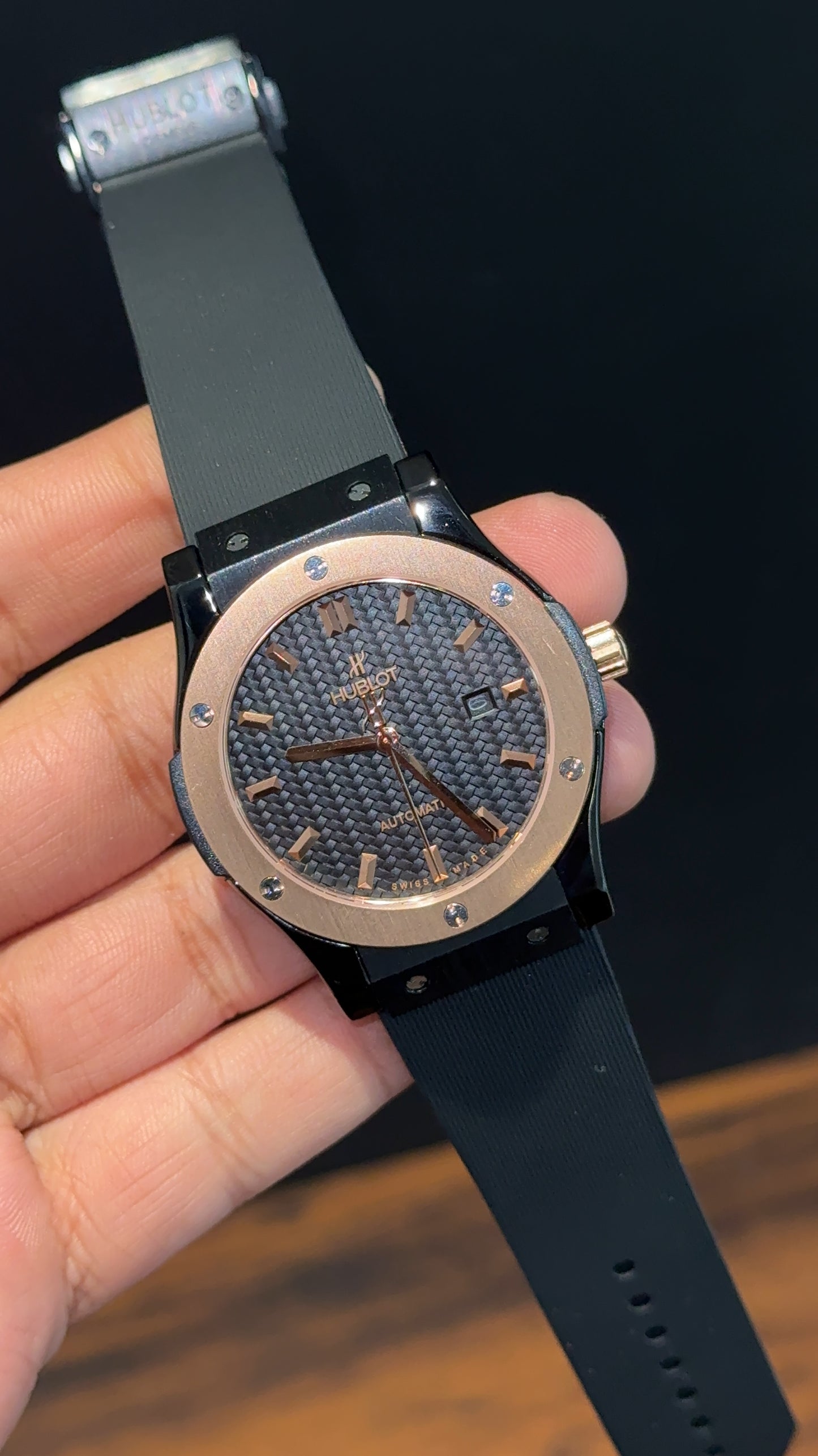 Hublot Auto | Rose Case | Black Strap | Black Textured Dial