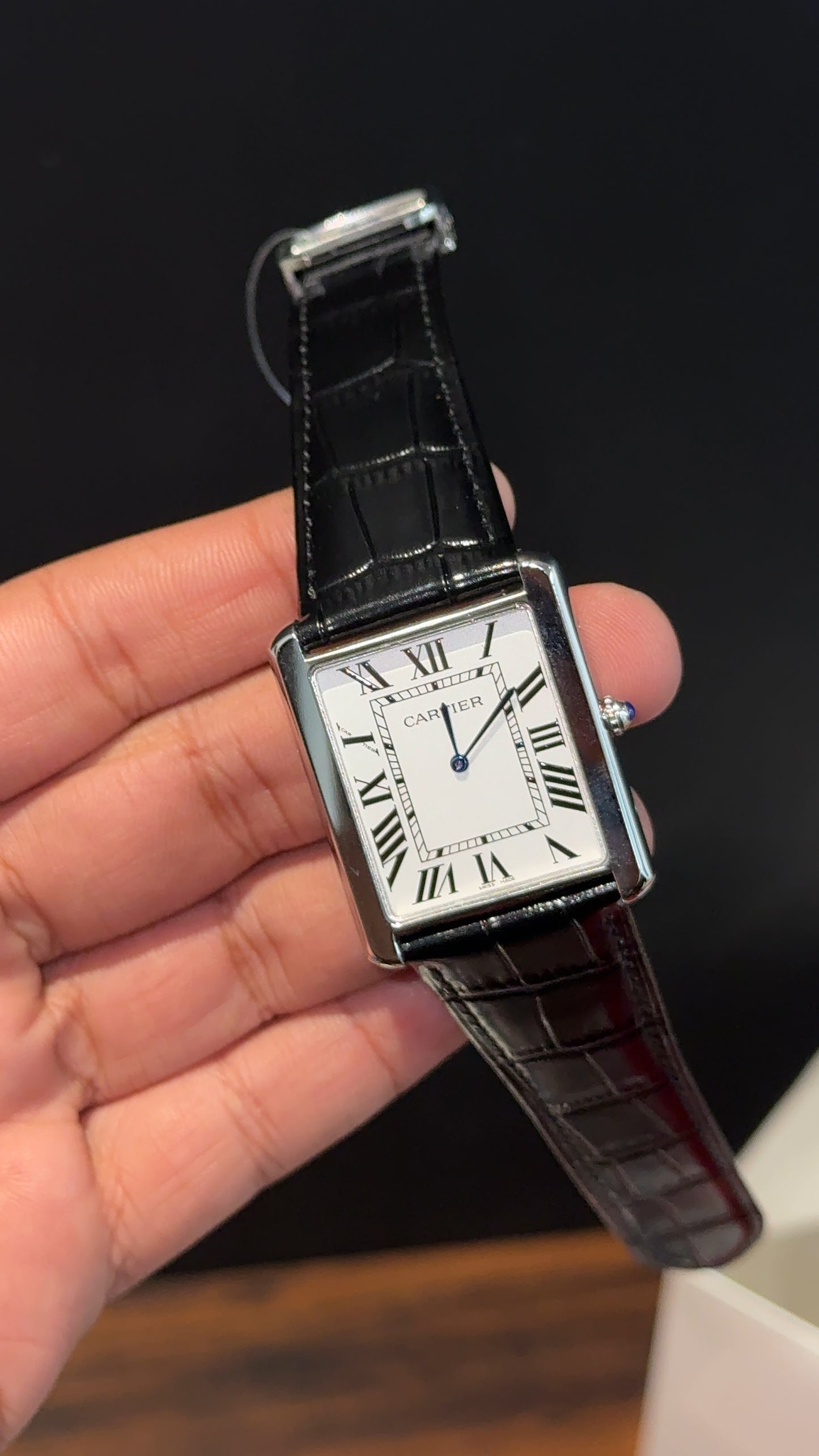 Cartier Tank | Silver | Black Leather Strap | White Dial