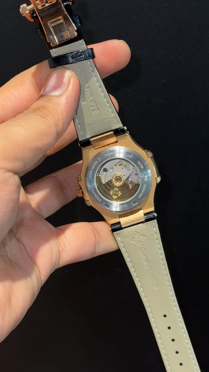 Pp Auto | Moonphase | Chrono | Rose Case | Black Leather Strap | Black Dial