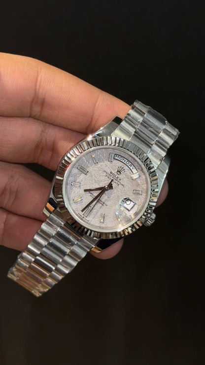Premium Daydate | Silver Chain | Silver Meteorite Dial