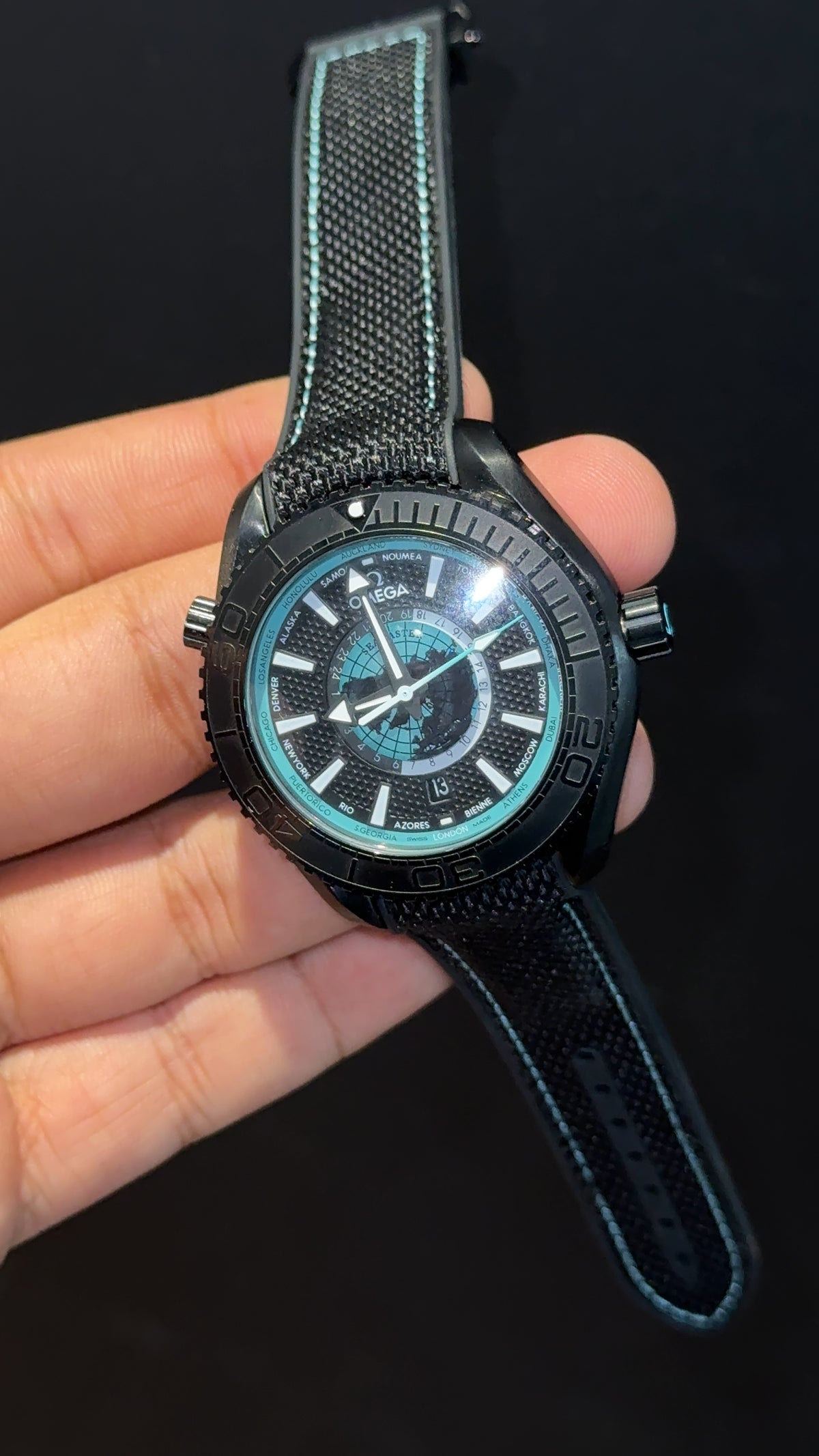 Omega Seamaster | Black Bezel | Bkack Strap | Sky Blue Earth | Black Dial