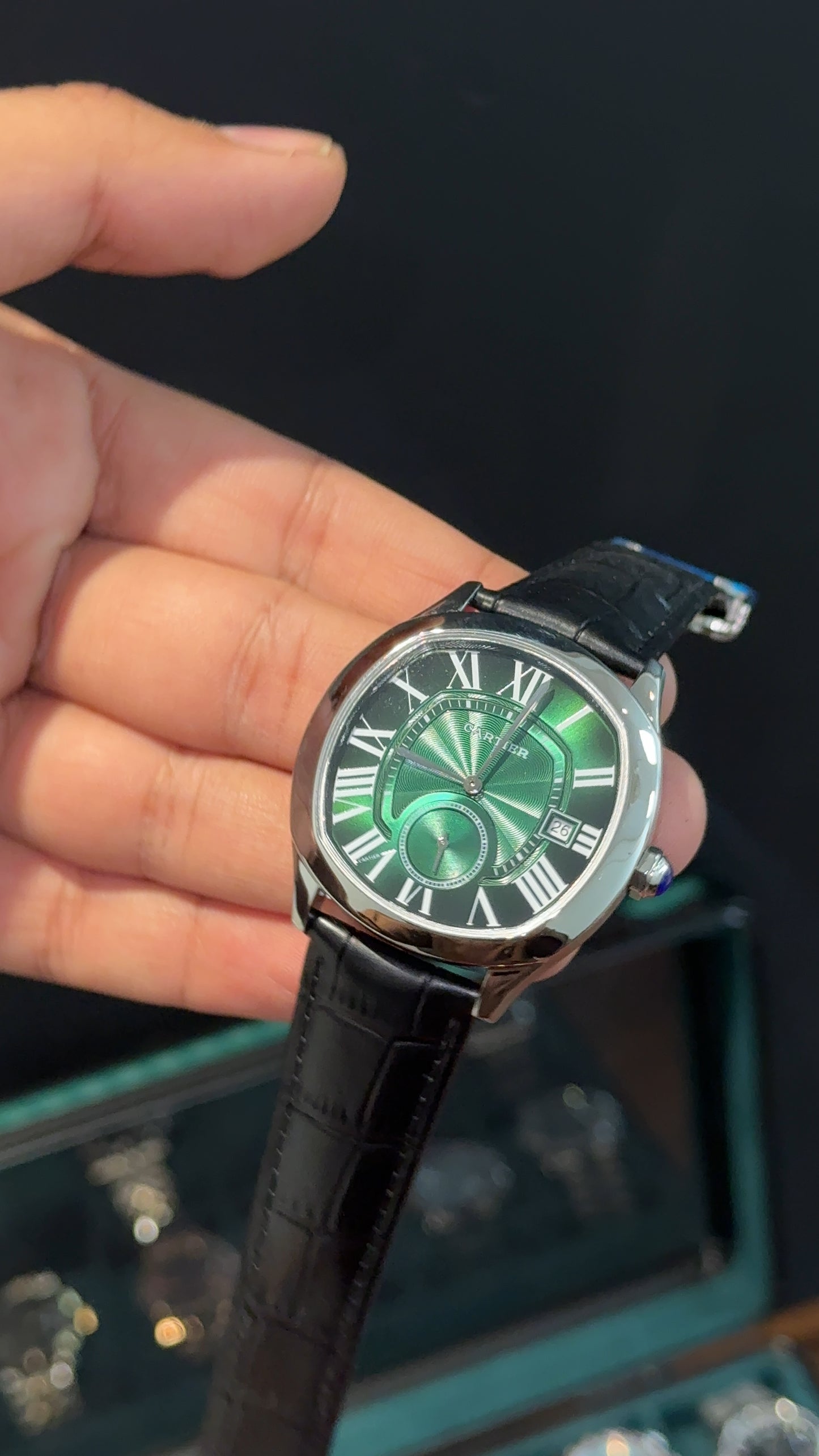 Cartier Silver | Black Leather Strap | FlyBack Second | Green Roman Dial