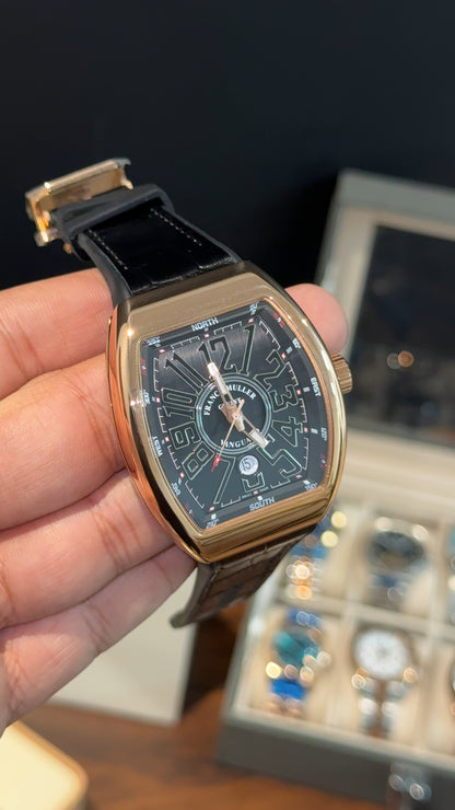 Premium Franck Muller | Vanguard Edition | Rose Case | Black Strap | All Black Dial