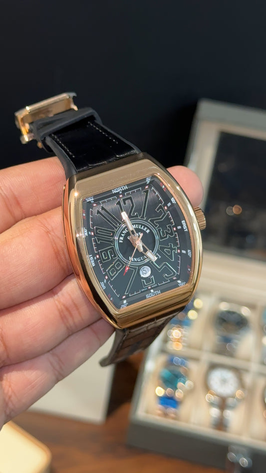 Premium Franck Muller | Vanguard Edition | Rose Case | Black Strap | All Black Dial