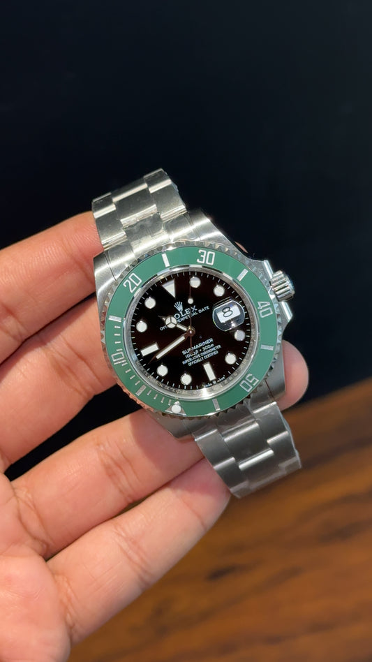 Premium Submariner | Silver Chain | Green Bezel | Black Dial