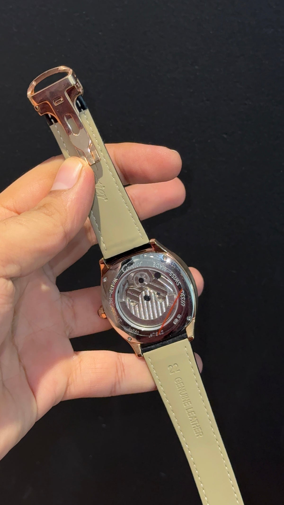 Cartier | Rose Case | Black Leather Strap | Skeleton | Rose Shaady Bkack Dial
