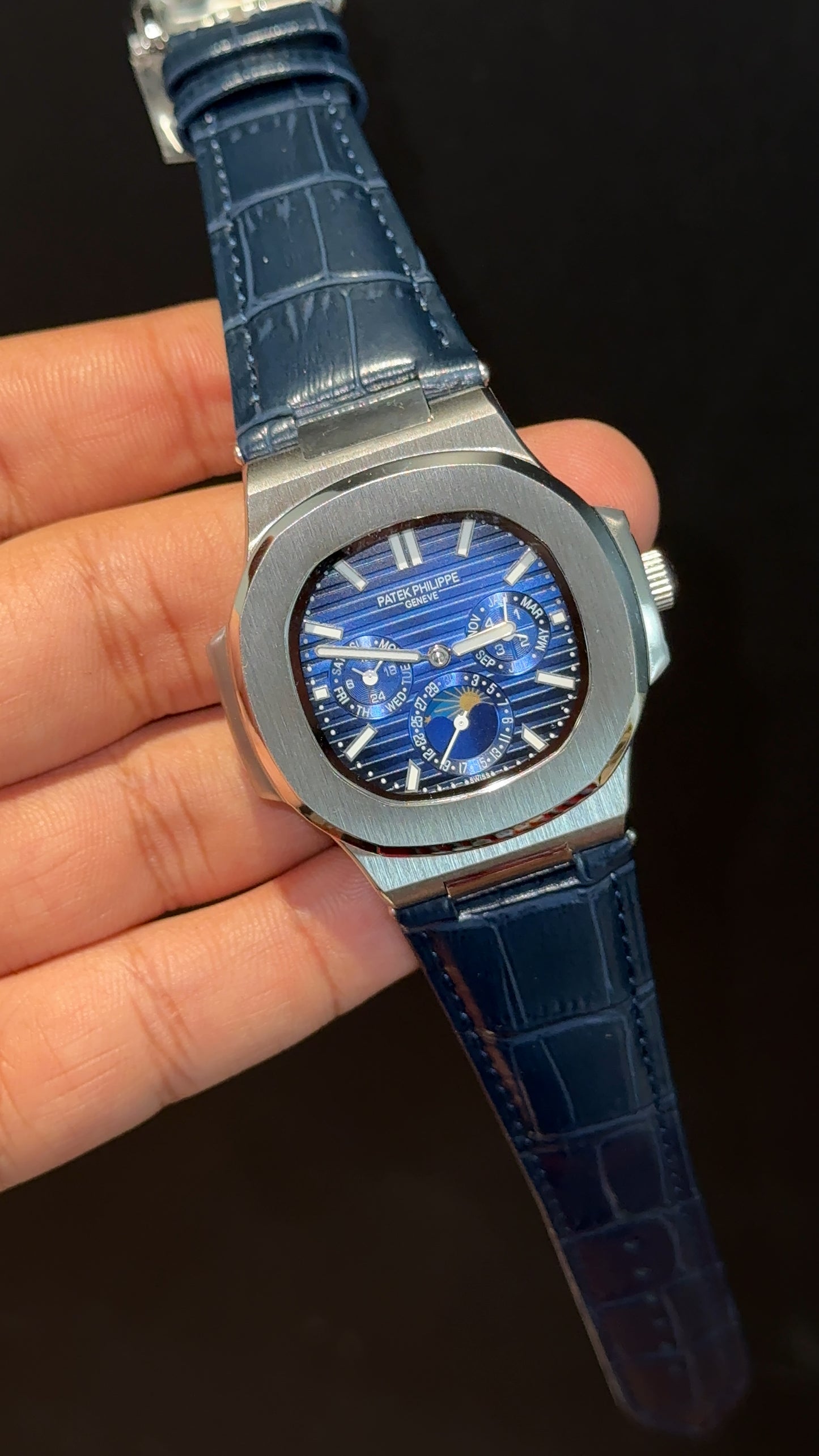 Pp Auto | Moonphase | Chrono | Silver Case | Blue Leather Strap | Purplish Dial