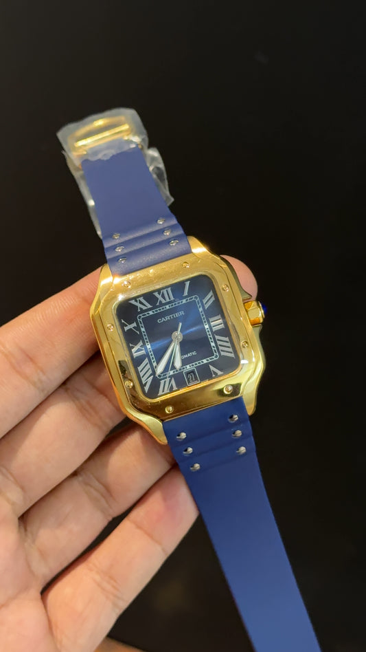 Cartier | Gold Case | Blue Silicon  Strap | Blue Dial