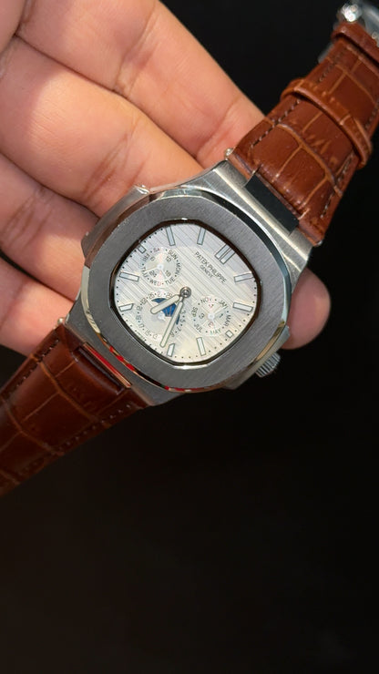 Pp Auto | Moonphase | Chrono | Silver Case | Brown Leather Strap | White Dial