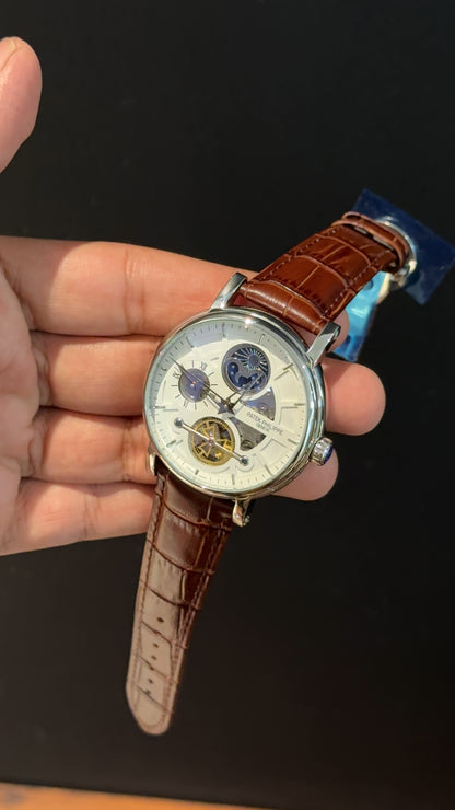 Pp Auto | Skeleton Machine | Brown leather strap | White Dial