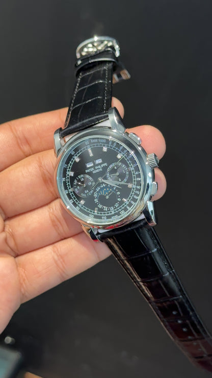 Patek Century | Auto | Silver Case | Black Diamond Dial | Black Leather Strap - twentyfour
