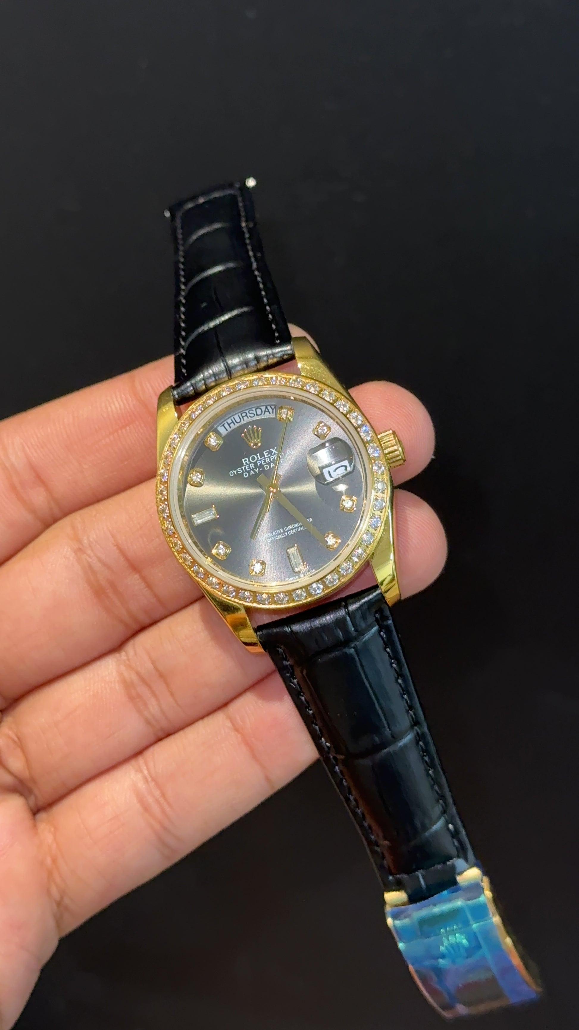 Daydate | 36mm | Gold Diamond Case | Black Leather Strap | Black Diamond Dial - twentyfour