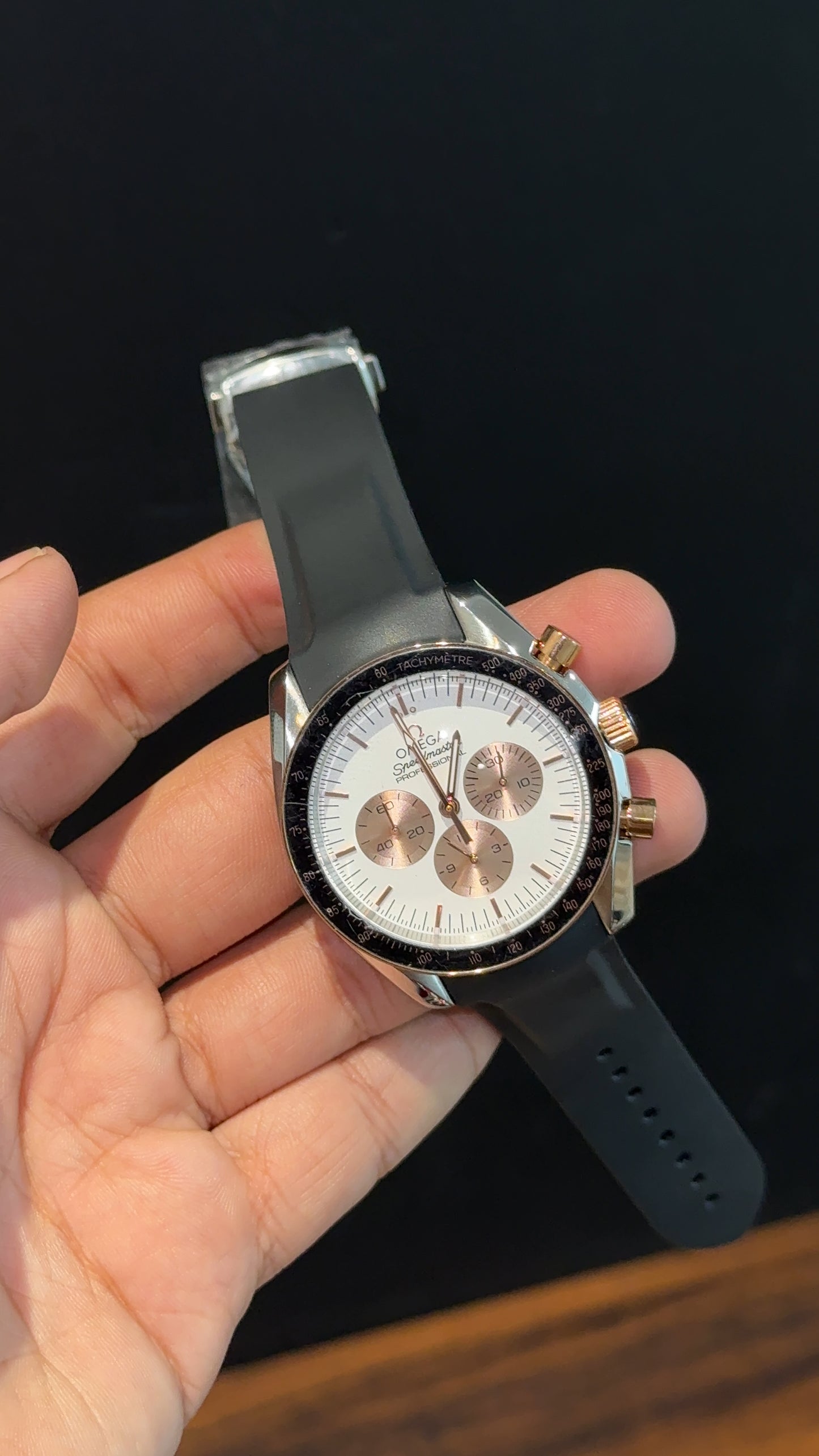 Omega Speedmaster | black Strap | Silver Rose Case | Rose Chrono | White Dial