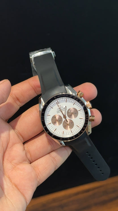 Omega Speedmaster | black Strap | Silver Rose Case | Rose Chrono | White Dial
